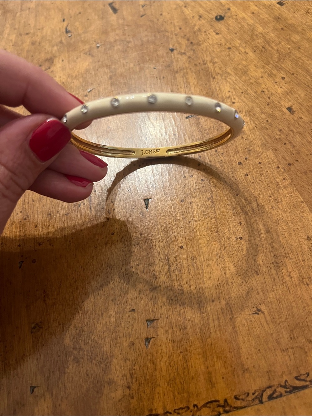 Vintage J.Crew Signed Bangle Bracelet Gold-tone and Cream Enamel with Rhinestone